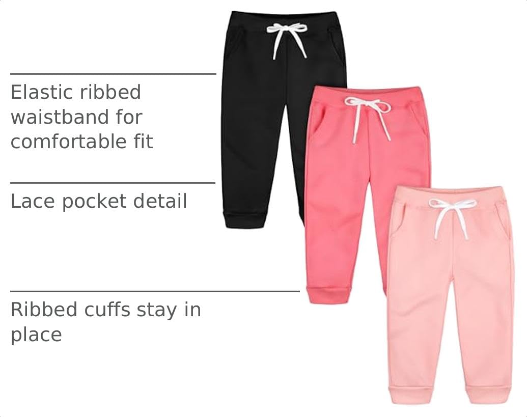 3 Pack Toddler Girls' Fleece Pants Baby Casual Pull On Active Sweatpants Warm Joggers with Pockets Drawstring