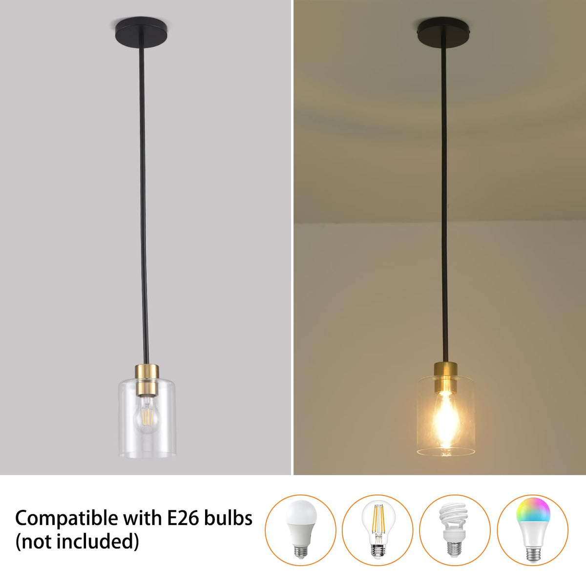 3 Pack Black Gold Pendant Lights Island, Brushed Brass Modern Hanging Light with Clear Glass Shade, Adjustable Metal