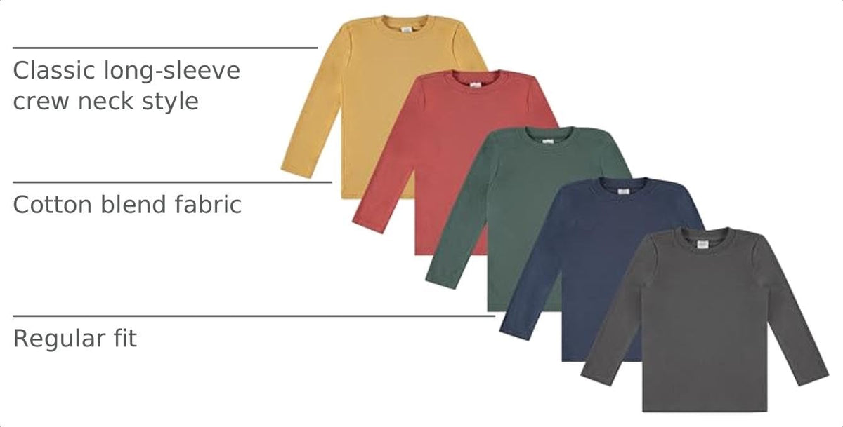 Pack Toddler Boys' Solid Long Sleeve Tees- Five Timeless Cotton Blend Crewnecks in Rich, Modern Colors