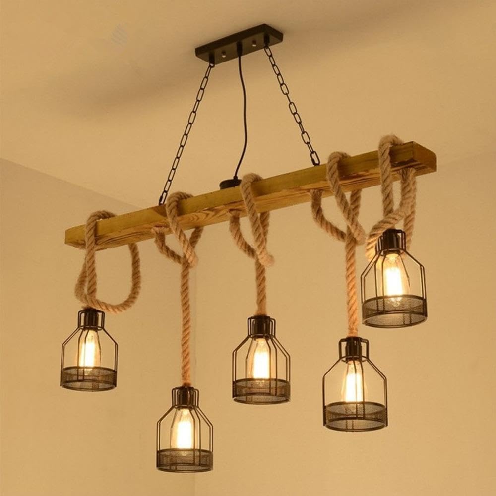5-Light Light Wood Farmhouse Rectangular Chandelier
