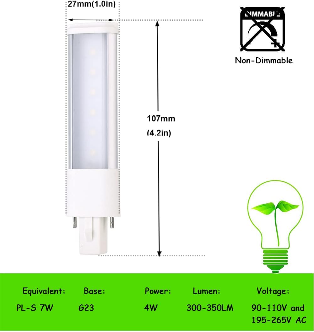 " 2-Pack 4W G23 PL-S 7W Plug in Recessed PL Bulb 2-Pin Horizontal Retrofit CFL PLS-7W Replacement 110V 220V