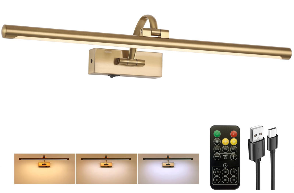 Picture Light Battery Operated with Remote, 3CCT Dimmable Picture Light for Paintings, Brass Rechargeable 24 inch