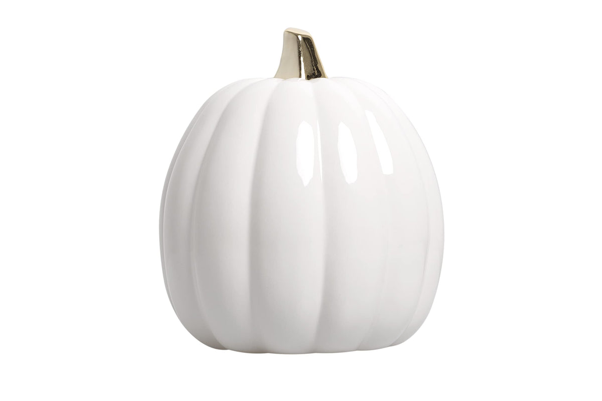 Ceramic Pumpkin Fall Decor with Gold Stem, White