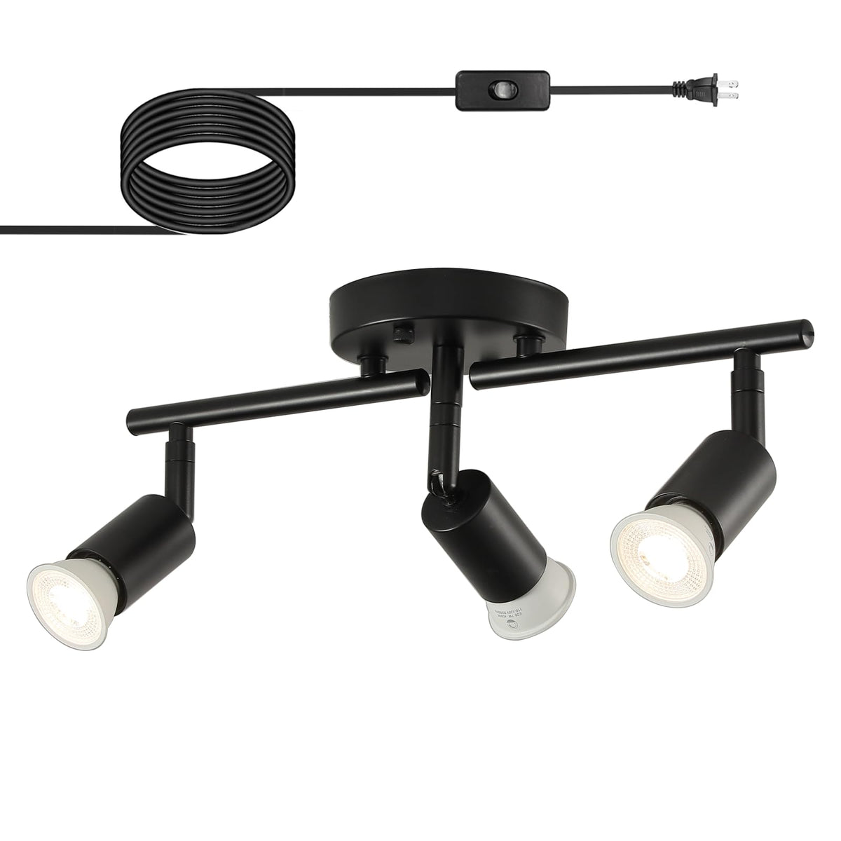 Plug in Track Lighting,Plug in Ceiling Light Fixture,Balck 3 Light Track Light with 16.4' Long Cord,3 Way Ceiling