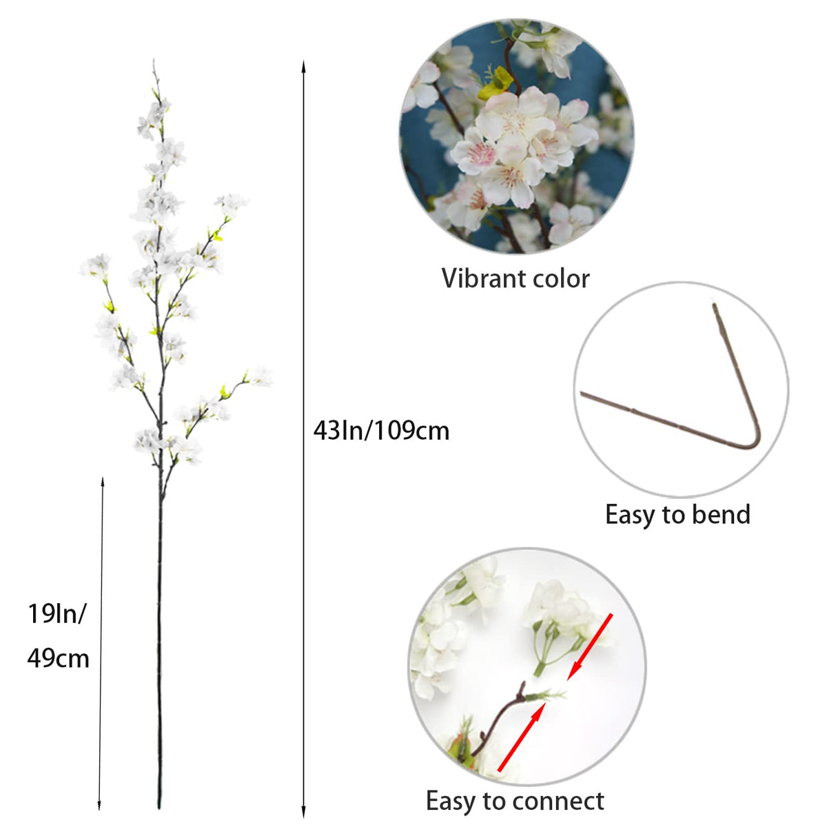 Cherry Blossom 4Pcs Long Stem Artificial Flowers (Light Pink)