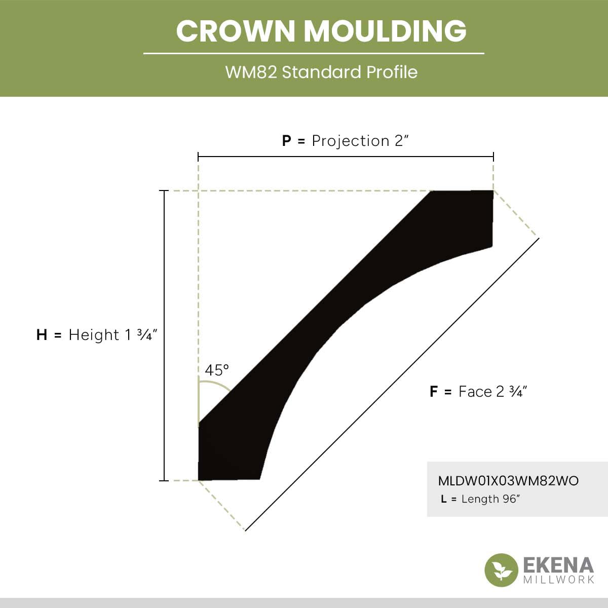 Crown Moulding, Solid Hardwood, 1 13/16"H x 2 1/16"P x 2 3/4"F x 96"L, Stain Grade White Oak