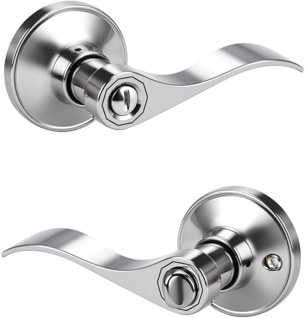 1 Pack Polished Chrome Door Handle Interior Privacy Doorknob Bedroom Door Handle with Lock, Reversible for Left and
