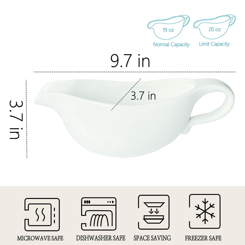 20 OZ Gravy Boat - White Meat Sauce Boat With Spoon - Perfect for Gravy, Sauces and Syrups, Salad Dressings, Creamer