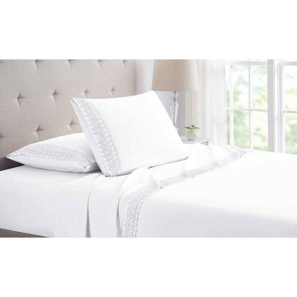 4-Piece 1800TC Chic Crochet Embroidered Lace Bamb00 Blend Queen Sheet Set | Modern Contemporary Style Pure White