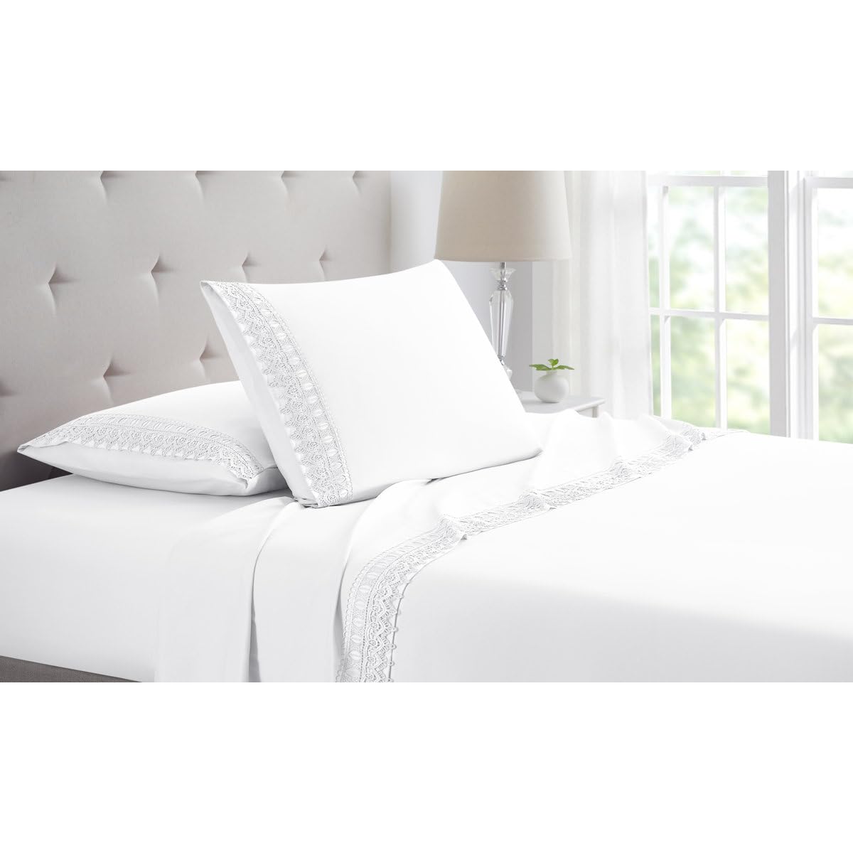 4-Piece 1800TC Chic Crochet Embroidered Lace Bamb00 Blend Queen Sheet Set | Modern Contemporary Style Pure White