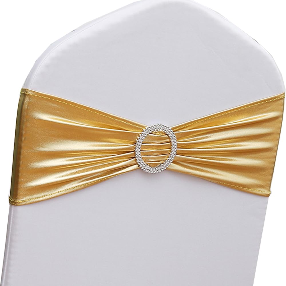 Gold Chair Sashes 100 Pack, Spandex Sashes for Chairs Wedding Reception, Stretch Chair Bands Bows for Party Banquet