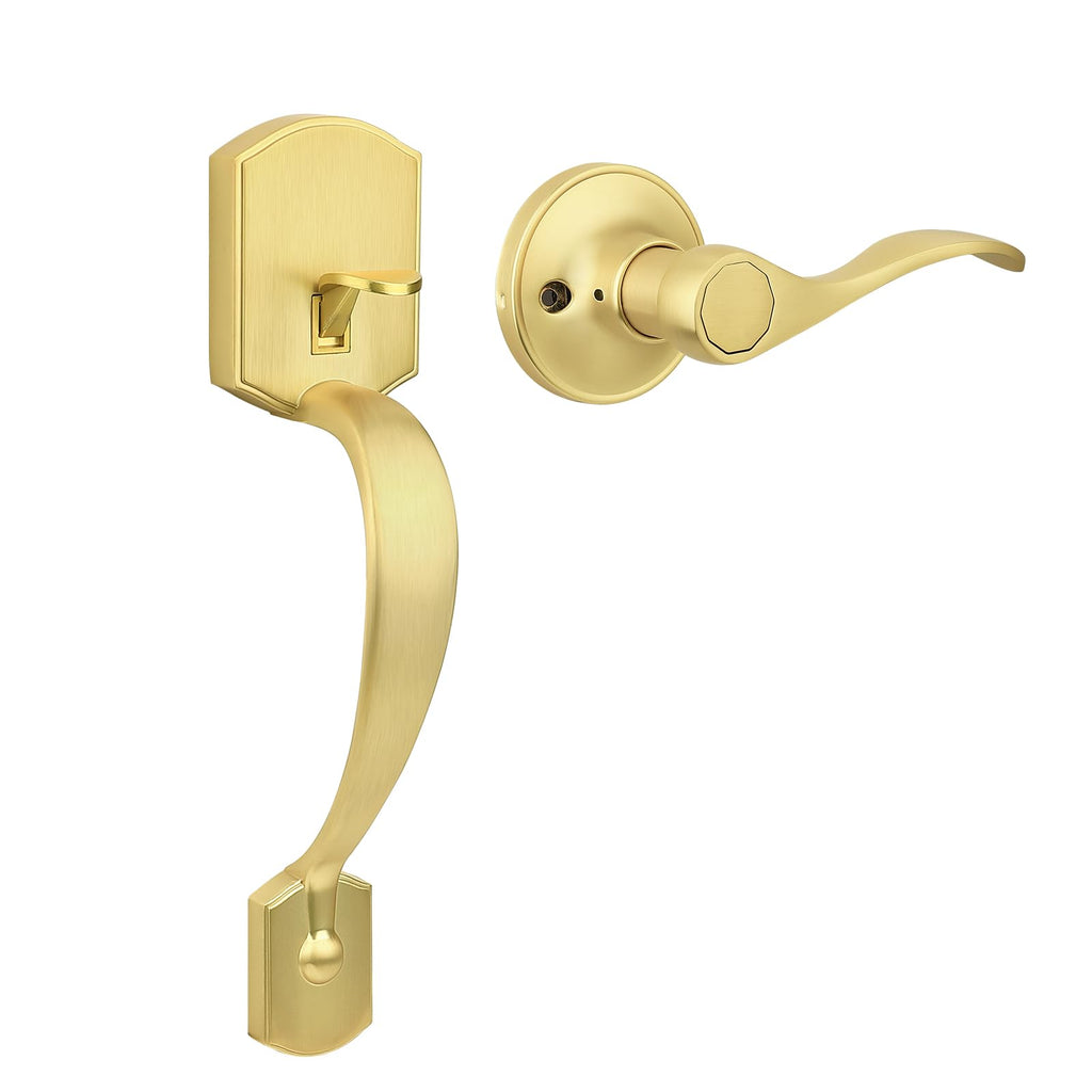 Front Door Handle,Brushed Gold, Heavy Duty Exterior Door Handle with Reversible Lever, Satin Gold Entry Lock Grip