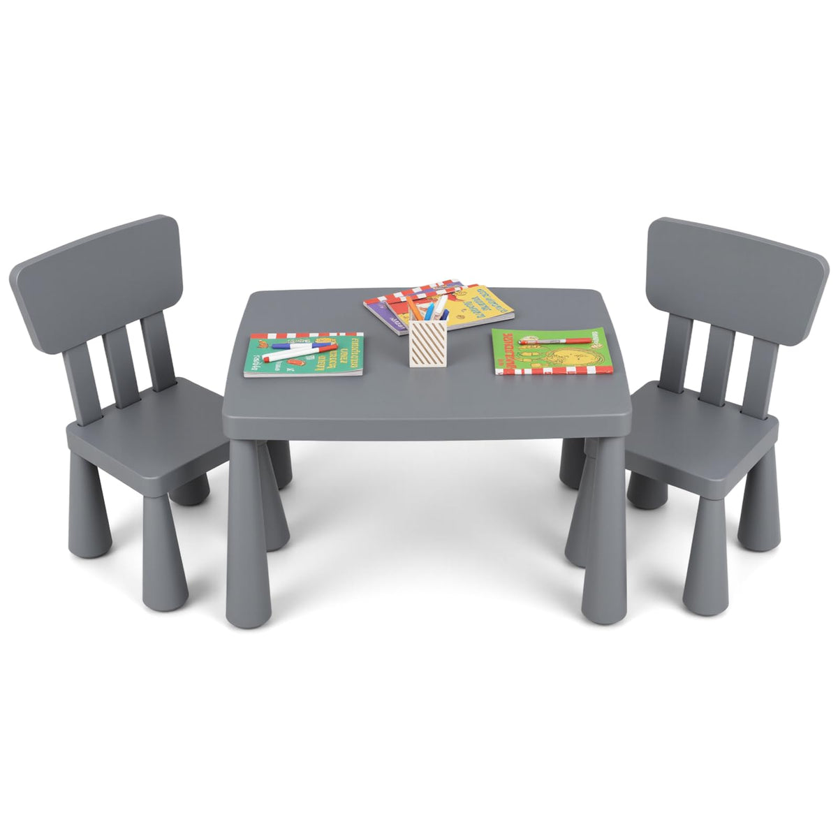 Kids Table and Chairs, 3 PCS Plastic Toddler Table Set (Gray)