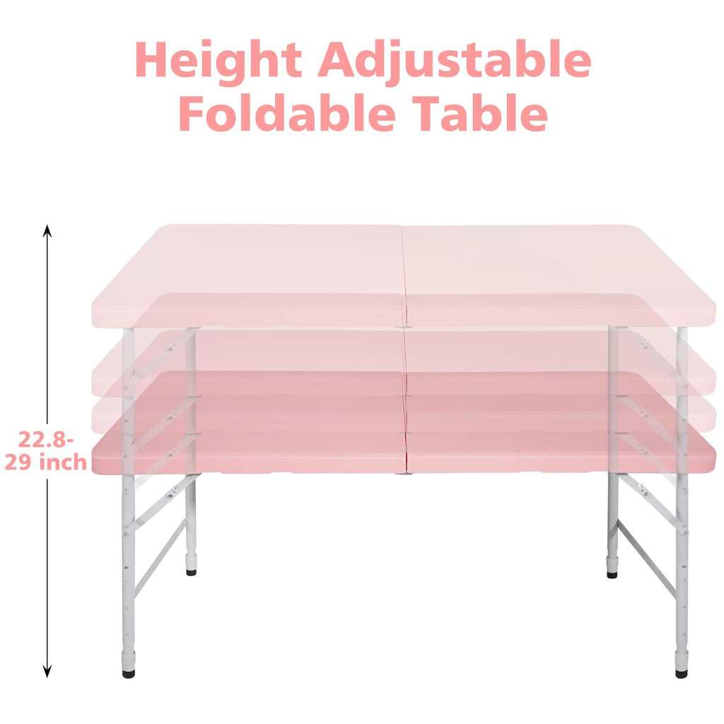 4 FT Folding Table with Carry Handle, Portable Fold-in-Half Plastic Table, Rectangle Foldable Table for