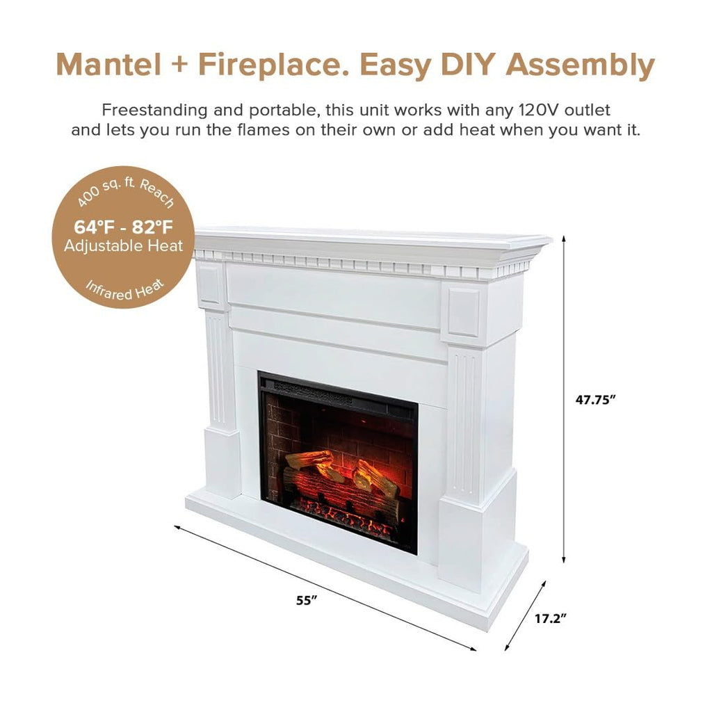 Augustine White Mantel Package 55" W x 48" H with 28 Inch Electric Fireplace Insert - 400 SqFt Heater 5 Flame Colors