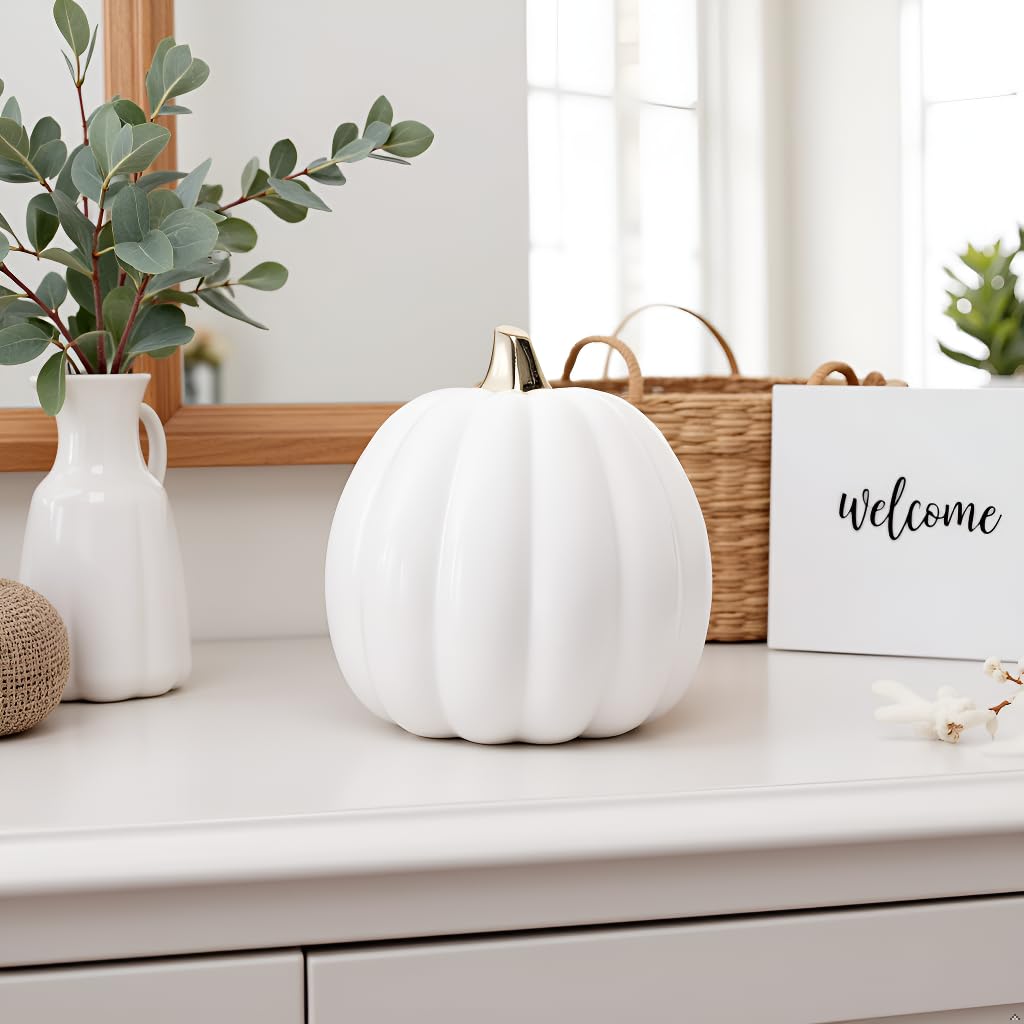 Ceramic Pumpkin Fall Decor with Gold Stem, White