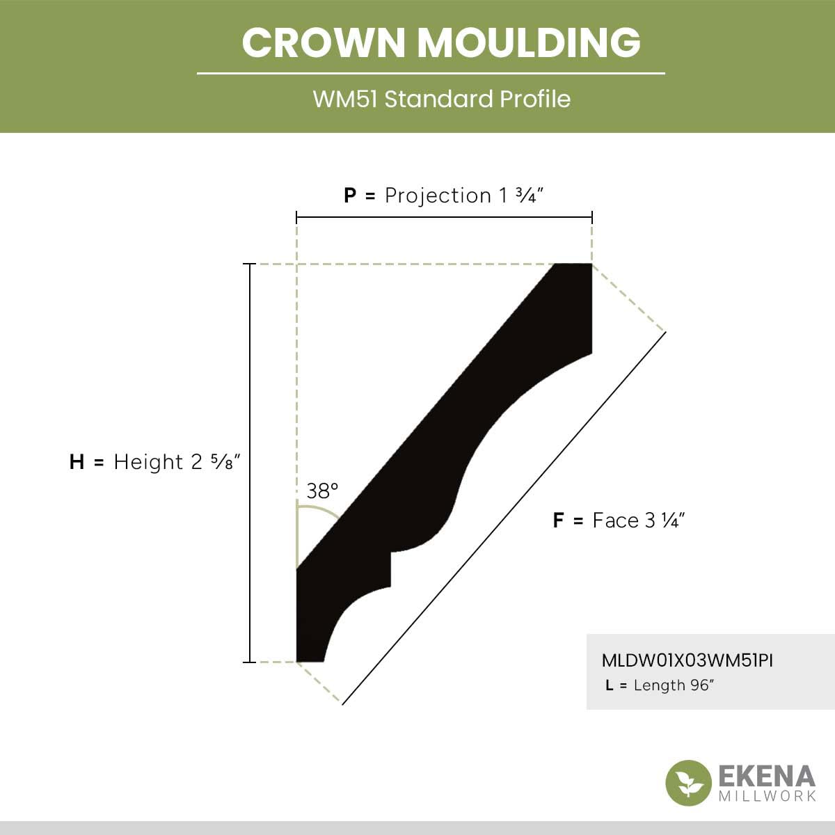 Crown Moulding, Solid Wood, 2 11/16"H x 1 13/16"P x 3 1/4"F x 96"L, Stain Grade Pine