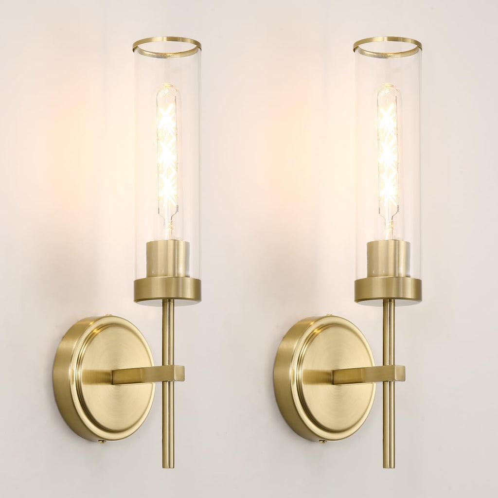 Gold Bathroom Wall Sconces Set of 2, Modern Wall Sconces Set of Two Hardwired, Bathroom Vanity Light Fixtures with Clear Glass, Gold Wall Mounted Lights for Living Room Corridor Mirror Bedroom Stairs