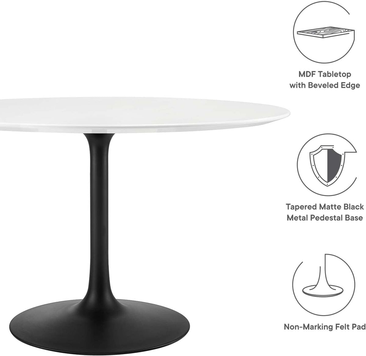 Inspired Saarinen Style Tulip Round Pedestal Dining Table — Black Base / White Top, 47″ Round