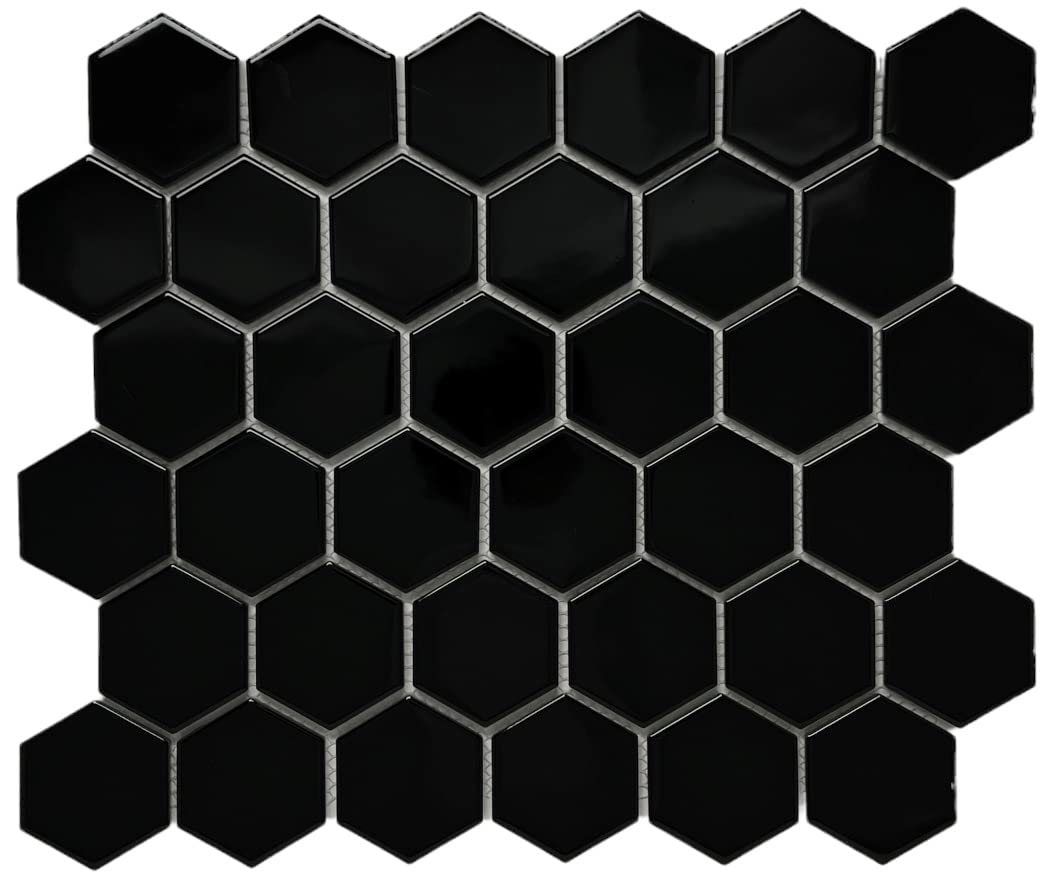Hexagon 2 Inch Glossy Porcelain Floor Wall Mosaic Tile Shower, Kitchen Backsplashes, Accent Wall, Pool Tile (1, Black)