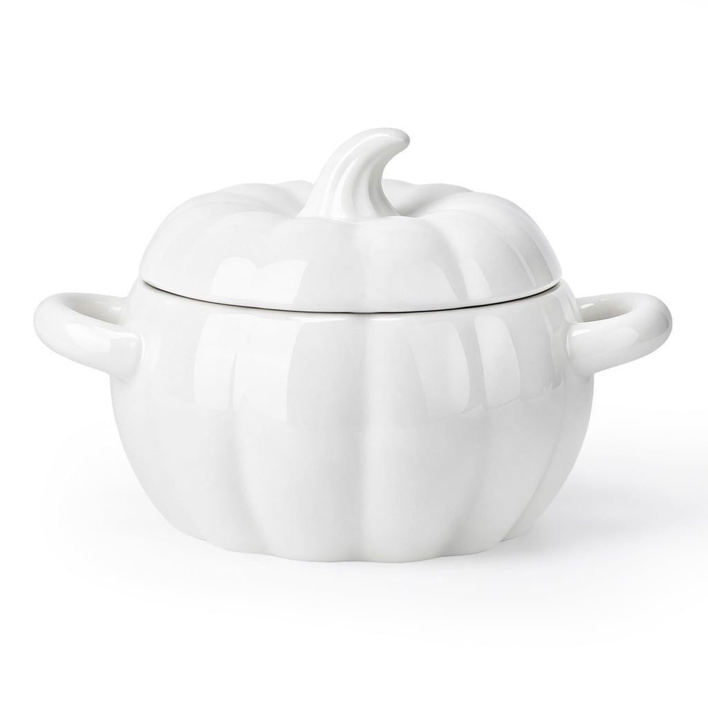 Pumpkin Soup Bowl, 64oz Ceramic Pumpkin Pot with Lid (White)