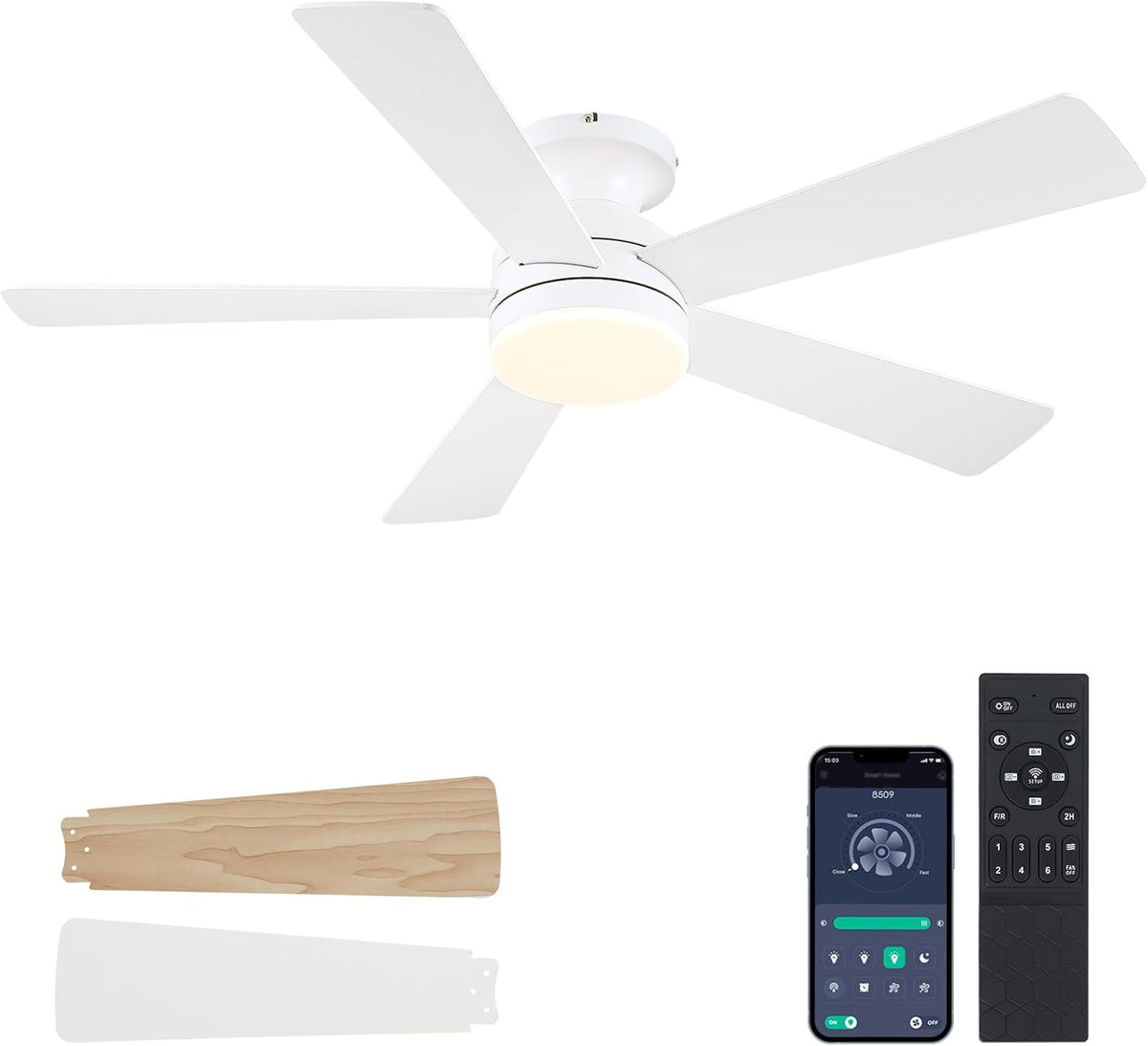 46" White Indoor/Outdoor Flush Mount Ceiling Fan with Light