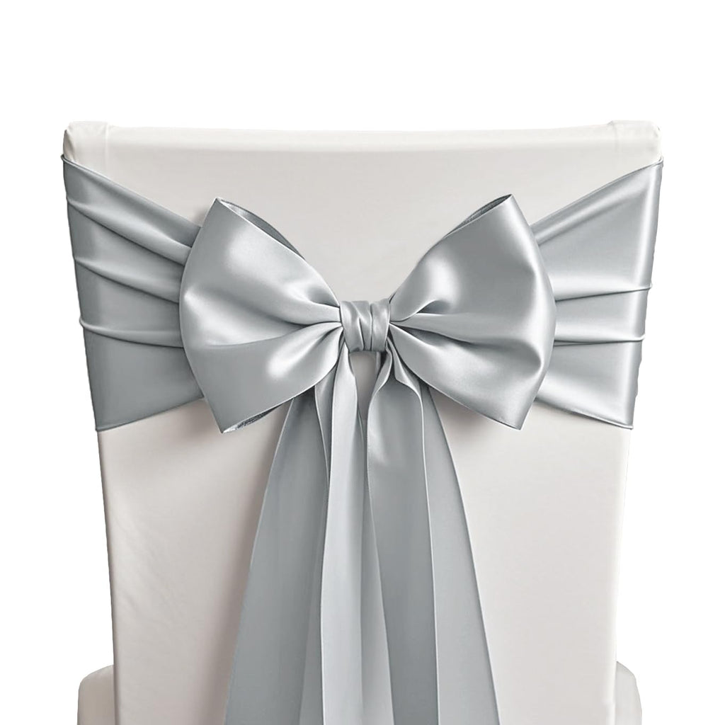 50 Pack Silver Chair Sashes Bows for Wedding, Satin Chair Ribbons, 7x108 in