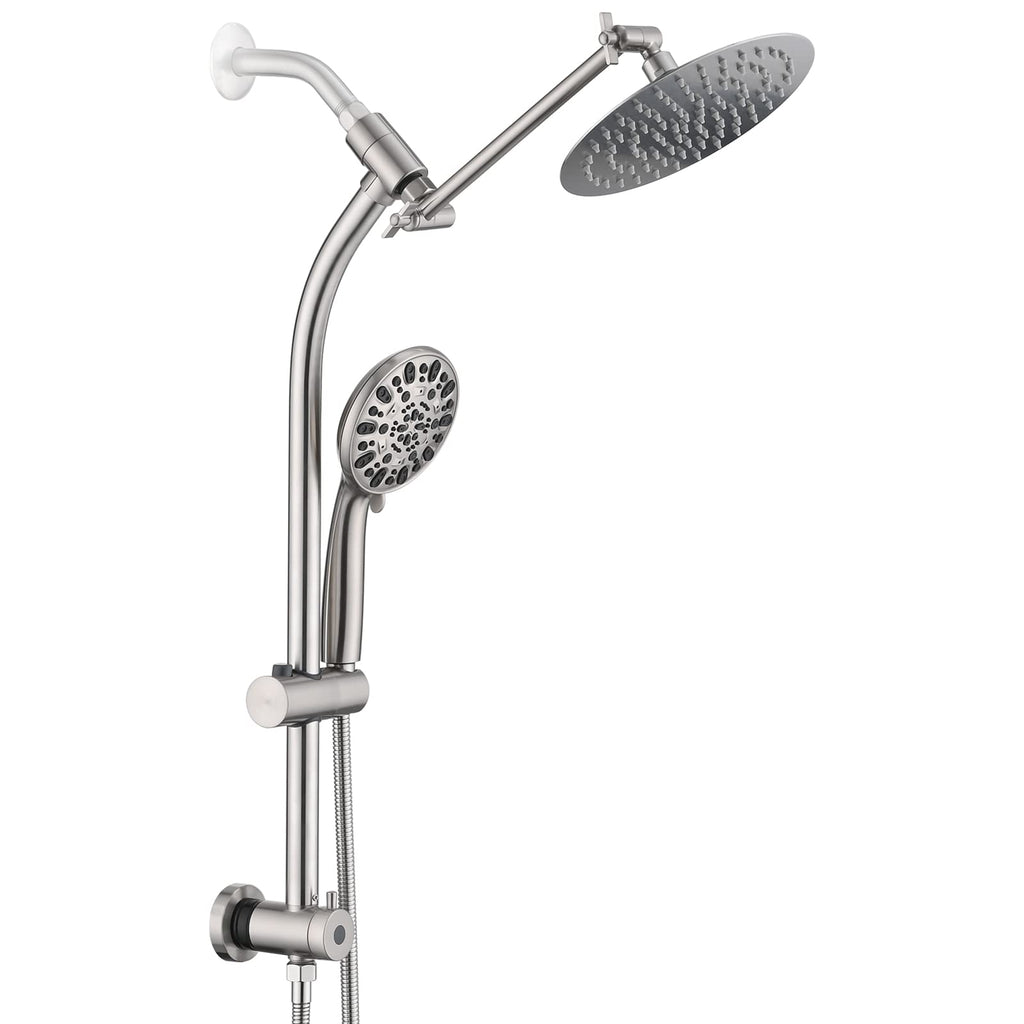 Rainfall 8 Inch Round Shower Head with High Pressure Handheld Spray Combo, Drill-Free Slide Bar with Adjustable