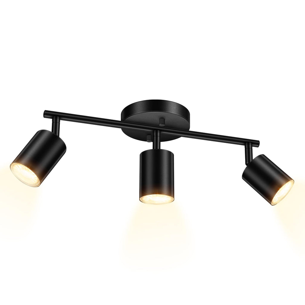 LED 3 Light Track Lighting Kit, Black 3 Way Ceiling Spot Lighting, Flexibly Rotatable Light Head, GU10 Bulb Not