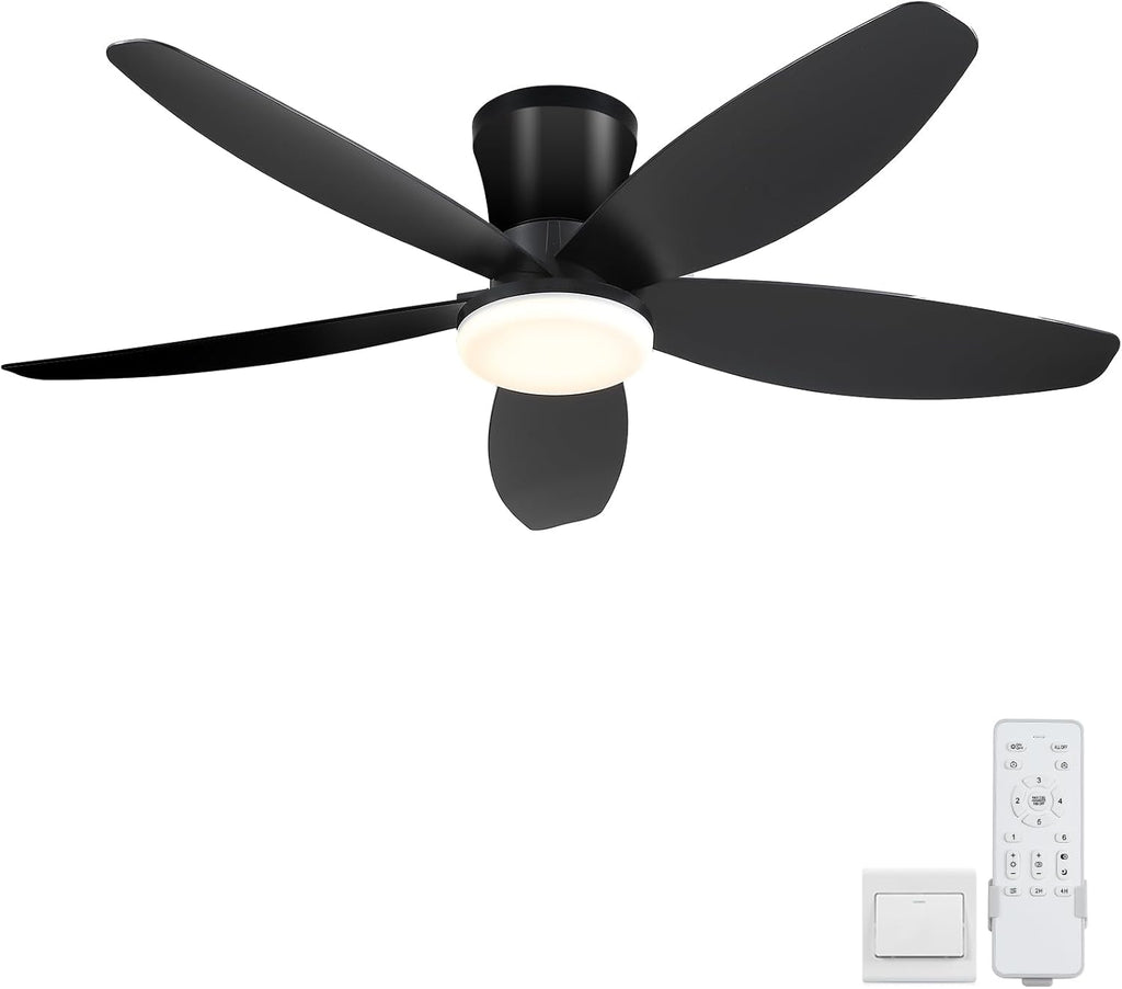 42" Black Indoor/Outdoor Flush Mount Ceiling Fan with Light & Remote