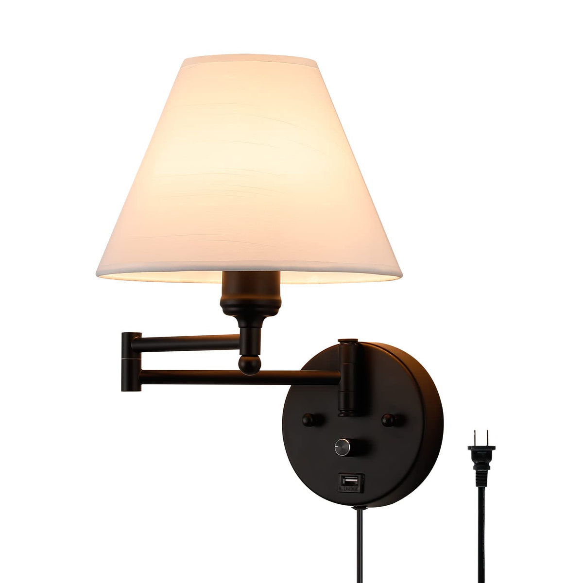 Swing Arm Wall Sconces, Plug-in Wall lamp,Bedroom Wall lamp, White Fabric Shade,with dimmable Switch and USB