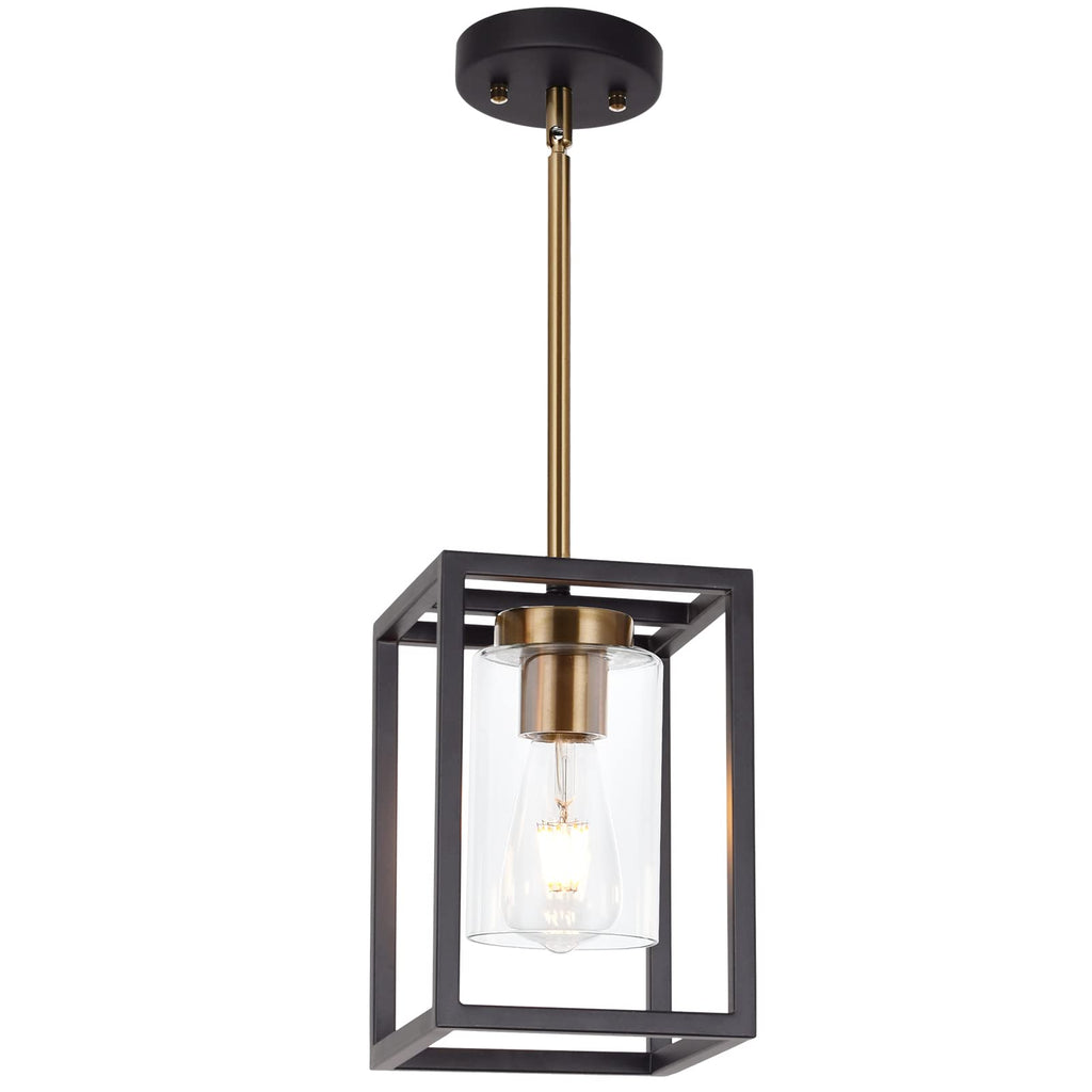 1-Light Mini Lantern Pendant Light, Black and Brushed Brass Finish Farmhouse Chandelier with Clear Glass Shade Foyer