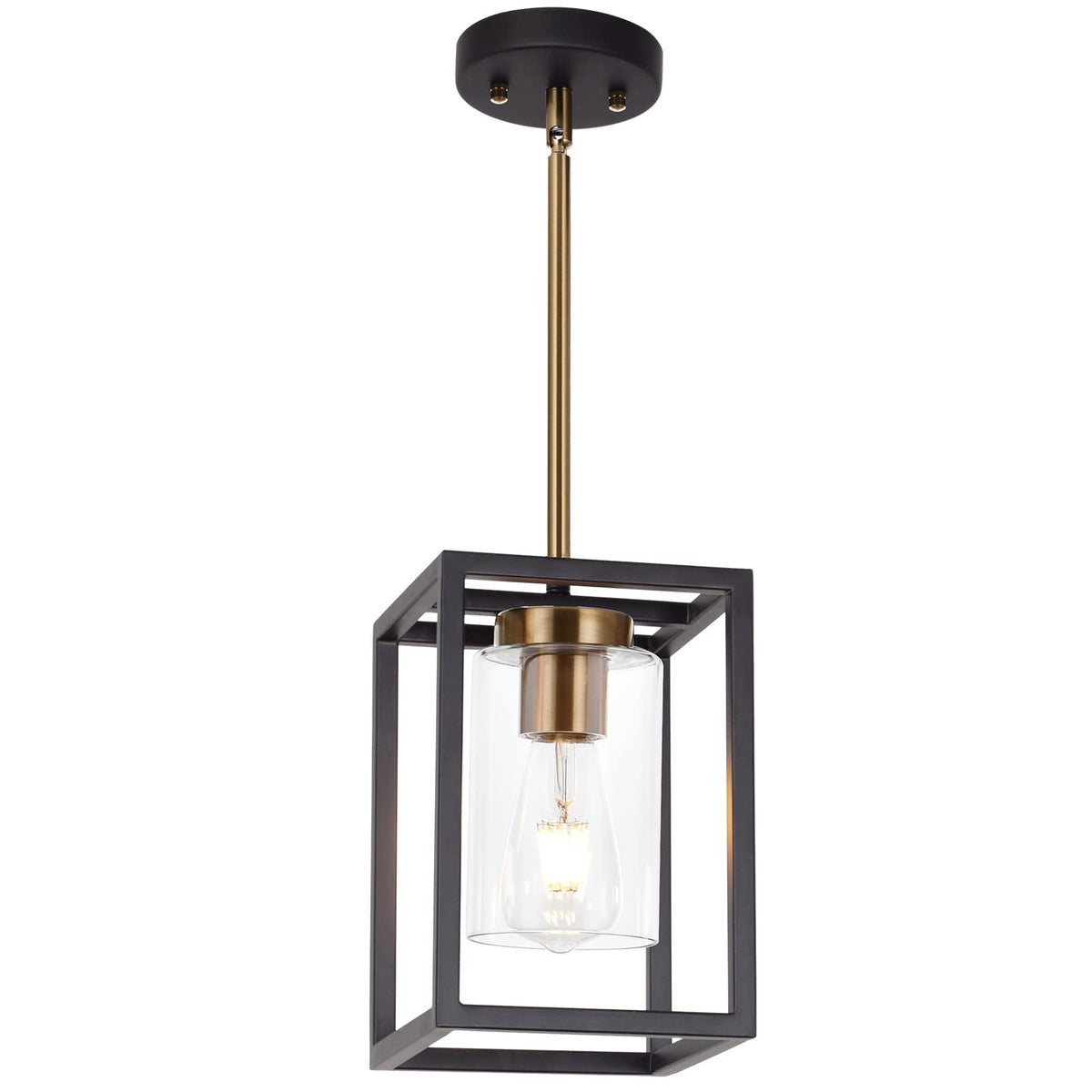 1-Light Mini Lantern Pendant Light, Black and Brushed Brass Finish Farmhouse Chandelier with Clear Glass Shade Foyer