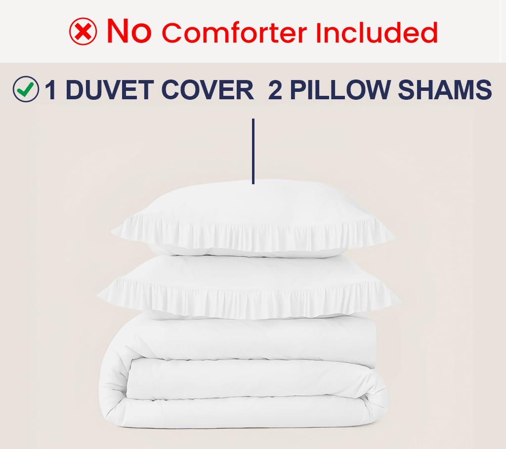 3 Pc White Ruffle Trim Duvet Cover Set Queen/Full Size -100% Egyptian Cotton 600 TC Frilled, Shabby Chic