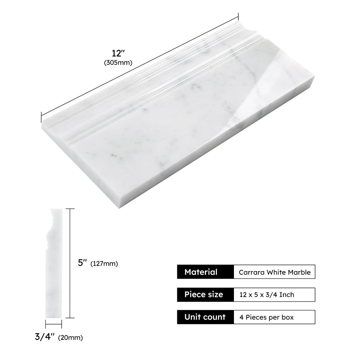 4-Pack Carrara White Marble Baseboard Trim Molding, 5 x 12 Inch Crown, Polished, Bianco Italian Carrera Marble