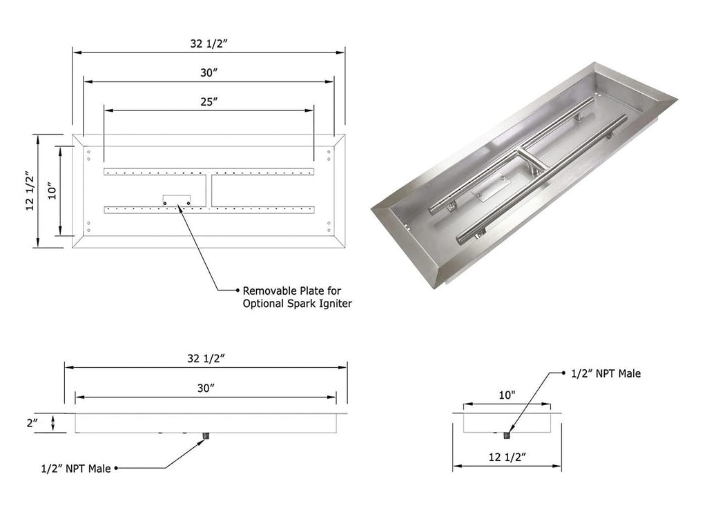 (1-Pack) 30 x 10 inch Rect Drop-in Fire Pit Pan H-Burner Installed, 125, 000 BTU Max