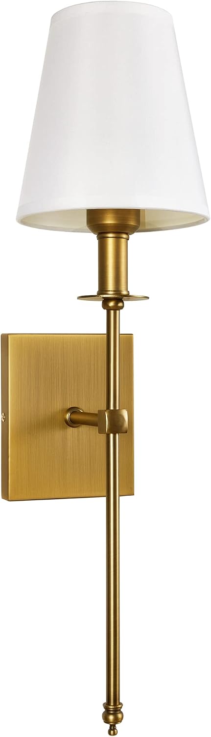 Slim Antique Brass Wall Sconces Set of 2 with White Fabric Shades