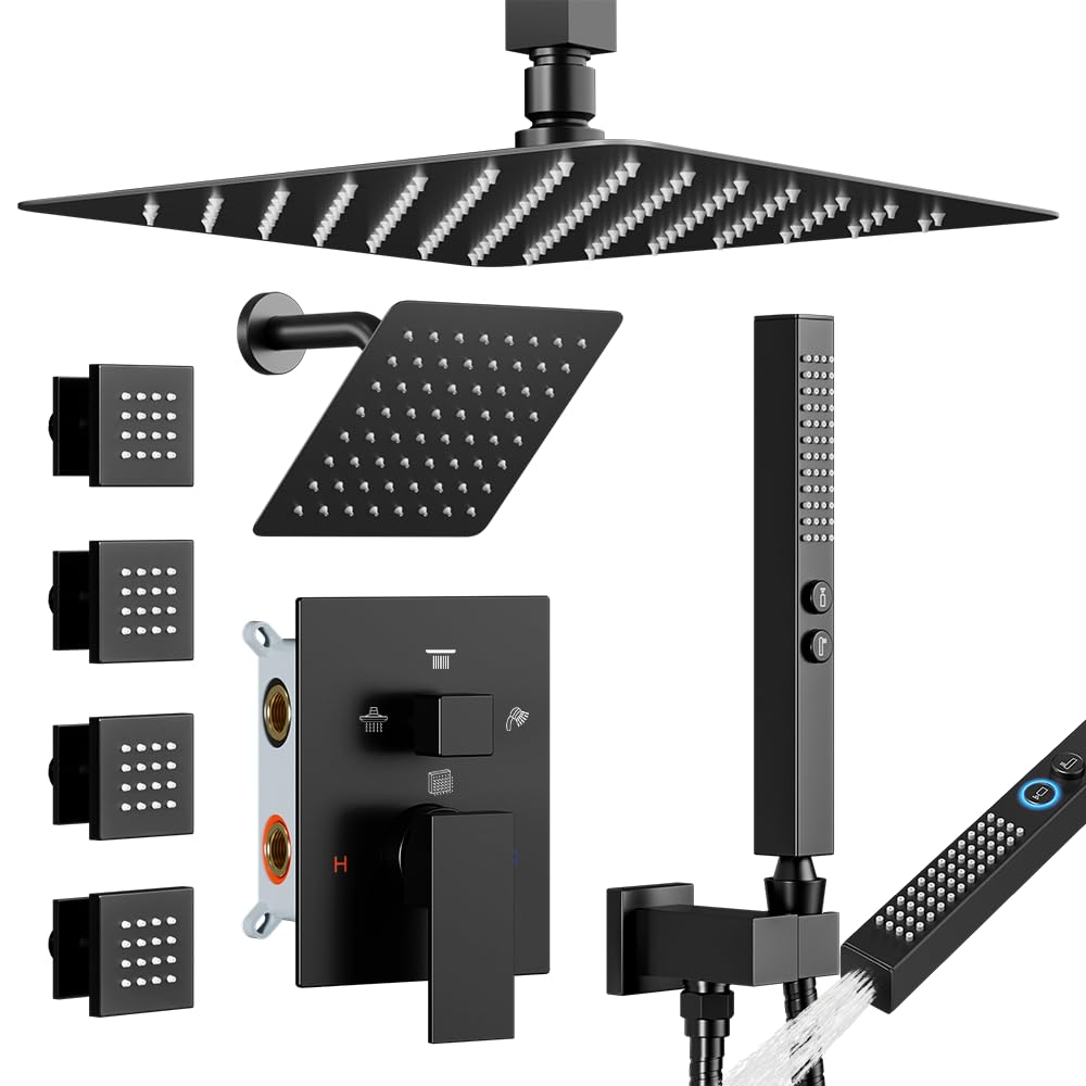 Shower System with Body Jets, Four Modes Shower Faucet 12+6" Rain Shower Head with Handheld Spray 2 Ways, 4Pcs Shower