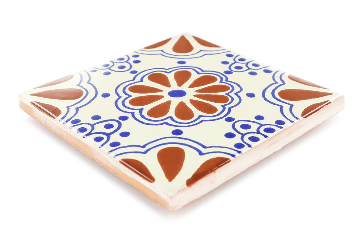 Box of 9-41⁄4 x 41⁄4 Terra Cotta & Blue Lace - Talavera Mexican Ceramic Tiles