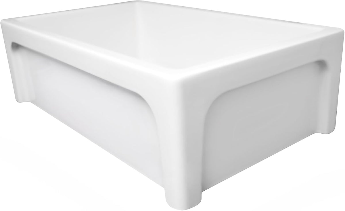 Kitchen Sink; 33" Fireclay Farmhouse Sink, Reversible Apron-Front with Vine Design and Beveled Front, White