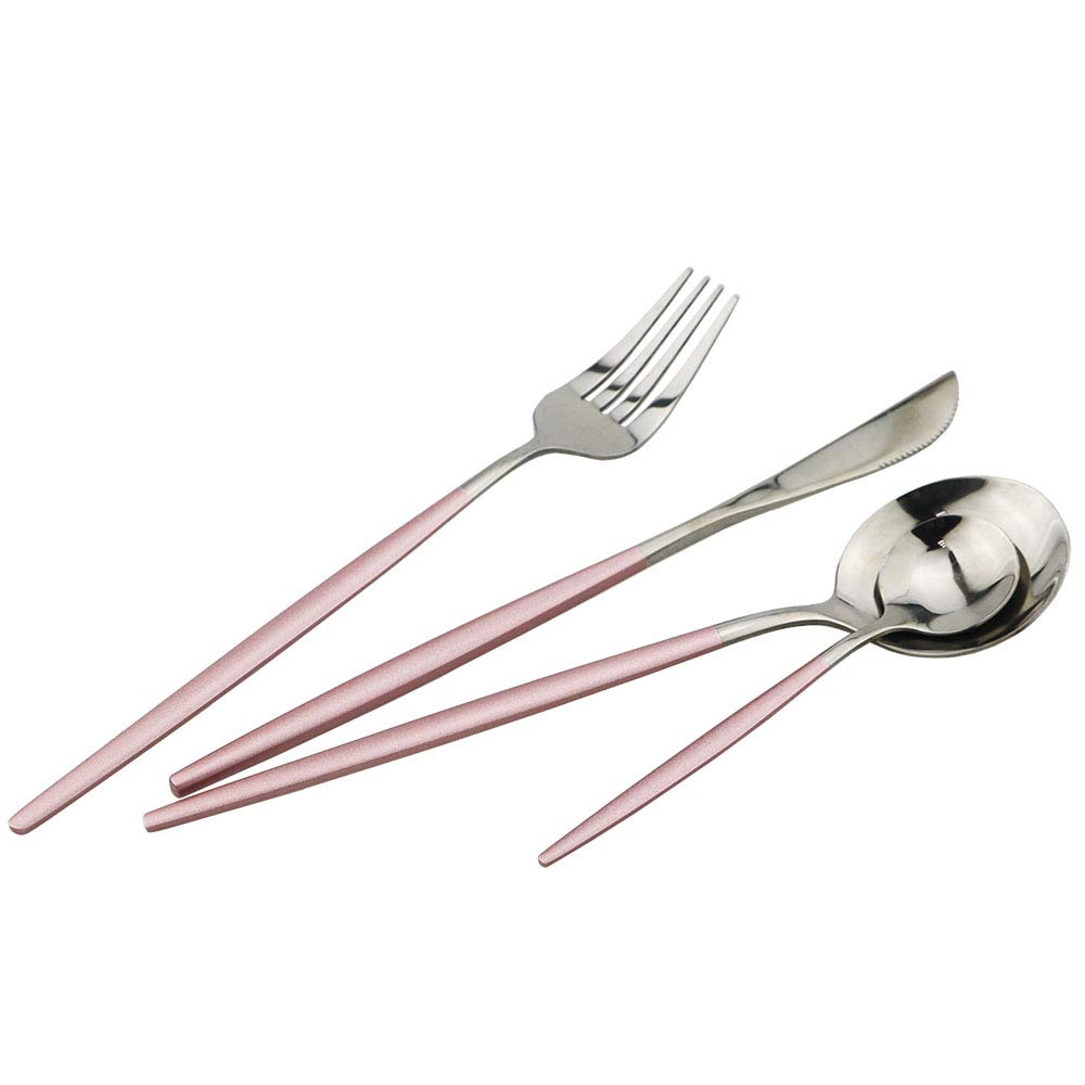 Pink Silver Silverware Set, 20-Piece Stainless Steel Satin Finish Flatware Set, Kitchen Utensil Set, Mirror Polished