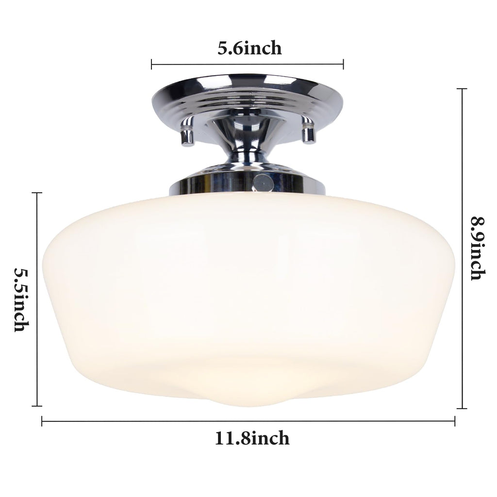 Schoolhouse Style Semi Flush Mount Ceiling Light Fixture, 12" Modern Chrome Hallway Ceiling Lamp with Opal Milk Glass