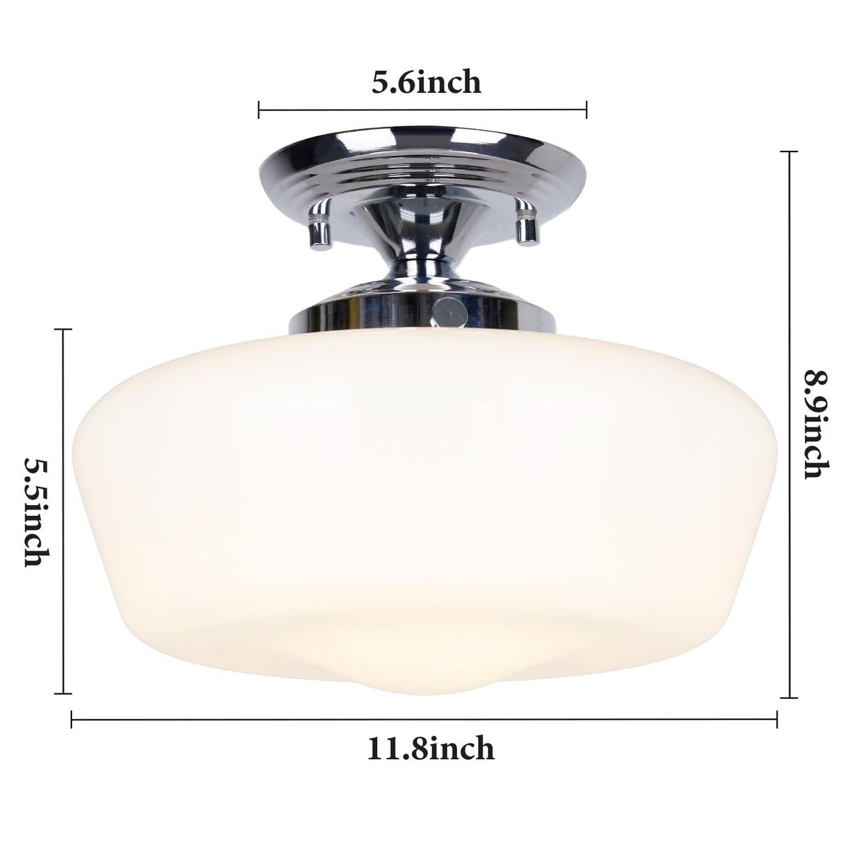 Schoolhouse Style Semi Flush Mount Ceiling Light Fixture, 12" Modern Chrome Hallway Ceiling Lamp with Opal Milk Glass
