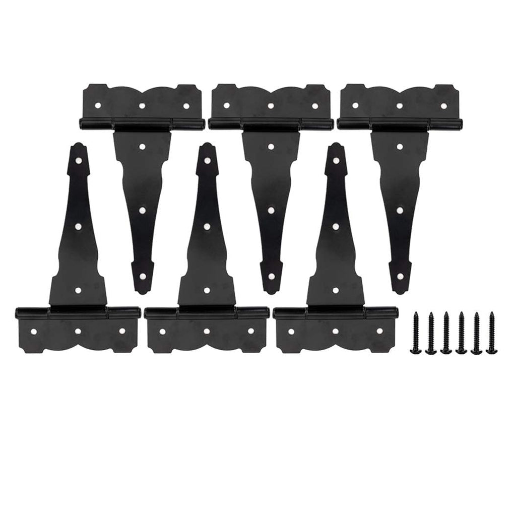 8" Heavy Duty Gate Hinges, 6 Pack Black T Strap Hinges