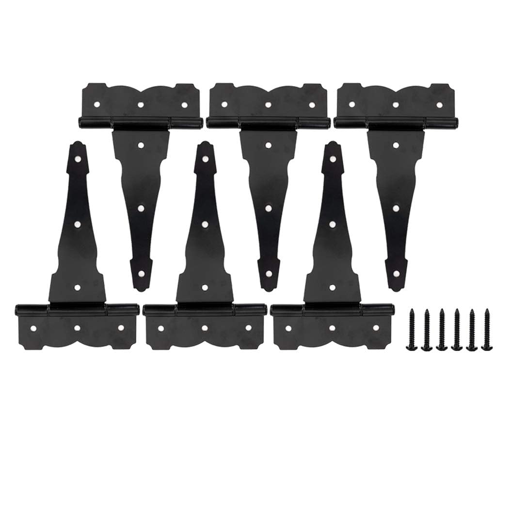 8" Heavy Duty Gate Hinges, 6 Pack Black T Strap Hinges