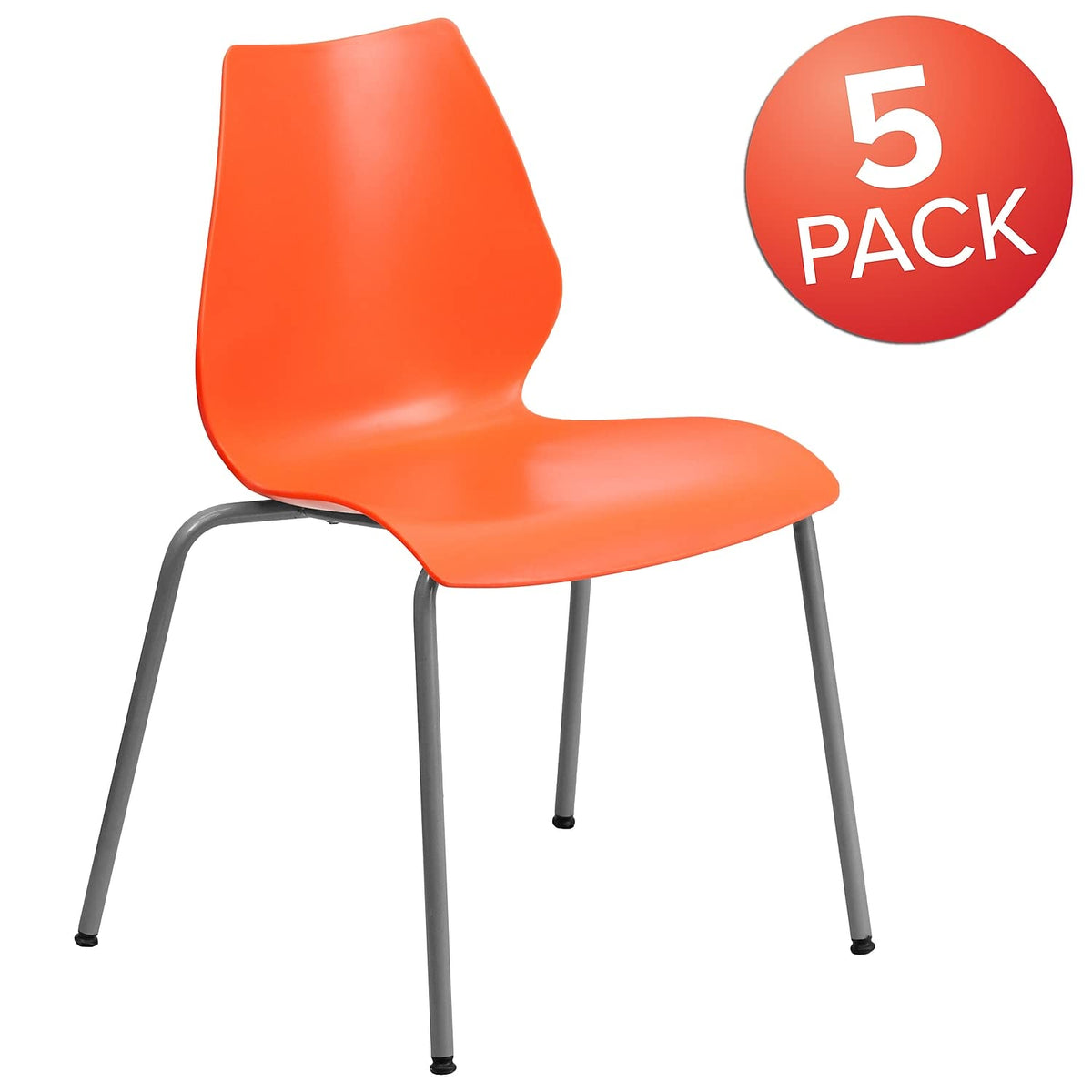 5 Pack HERCULES Series 770 lb. Capacity Orange Stack Chair with Lumbar Support and Silver Frame