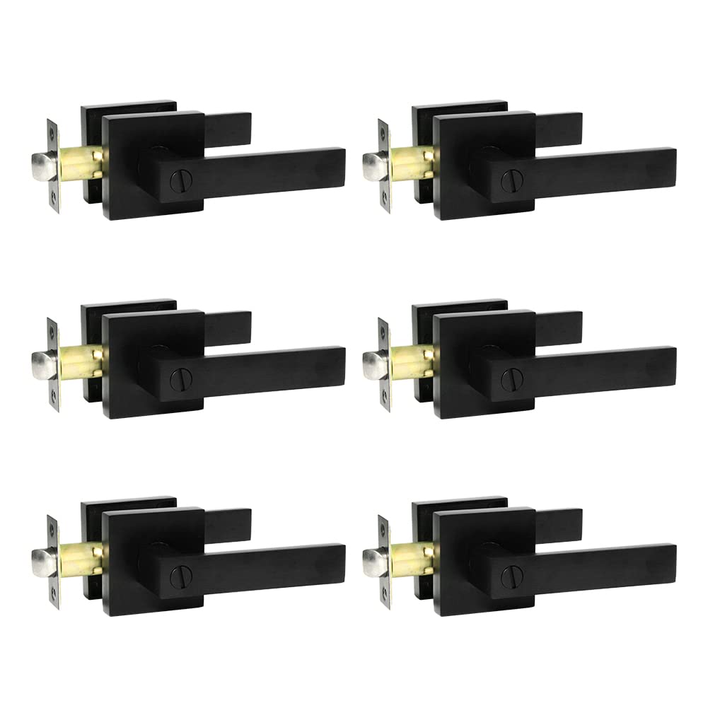 Bedroom/Bathroom Door Handles Levers Square Plate Interior Privacy Door Locksets,Matte Black (6Pack)