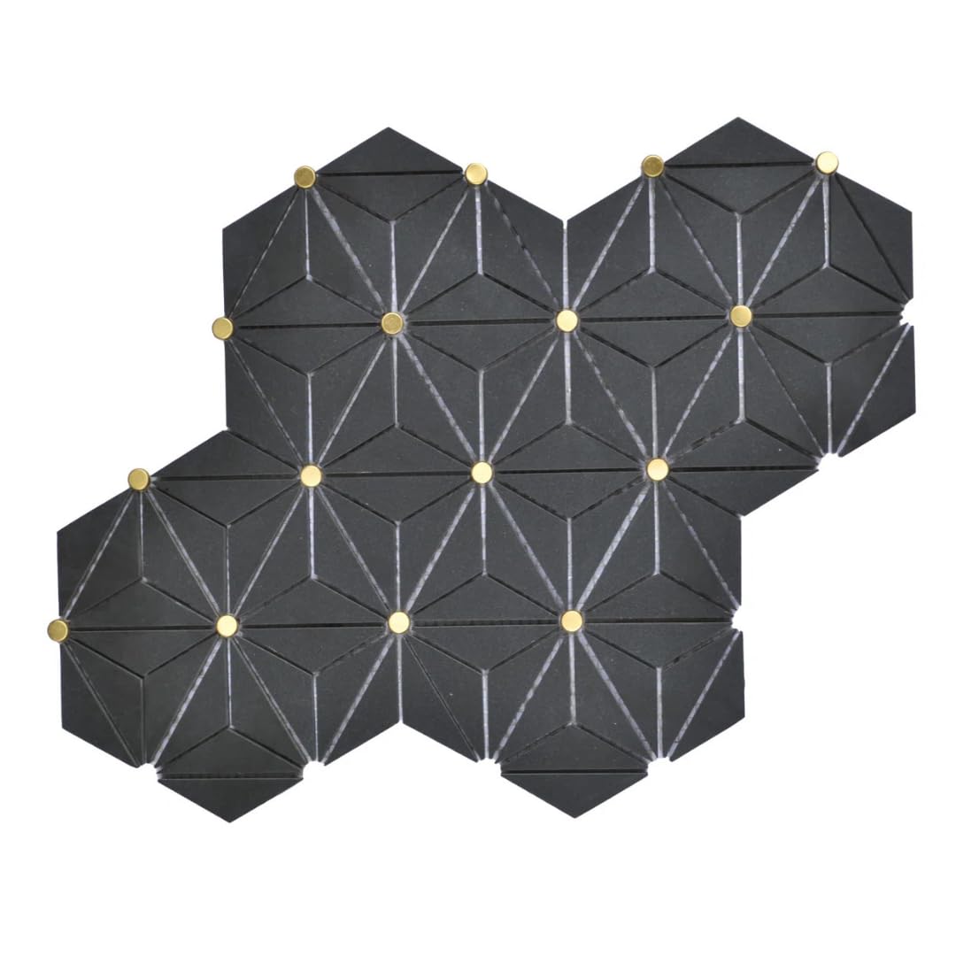 Black Geometric Marble Mosaic Tile with Brass Dots, 12x15 Inch, Honed Finish, Floor & Wall Use (1 Sheet)
