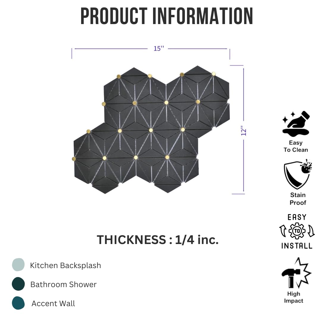 Black Geometric Marble Mosaic Tile with Brass Dots, 12x15 Inch, Honed Finish, Floor & Wall Use (1 Sheet)
