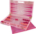 Luxury Backgammon Set, Board Game with Dust Bag, Marbled Pink with Gold Hardware, Acrylic Material, 14", Complete - Set of 30